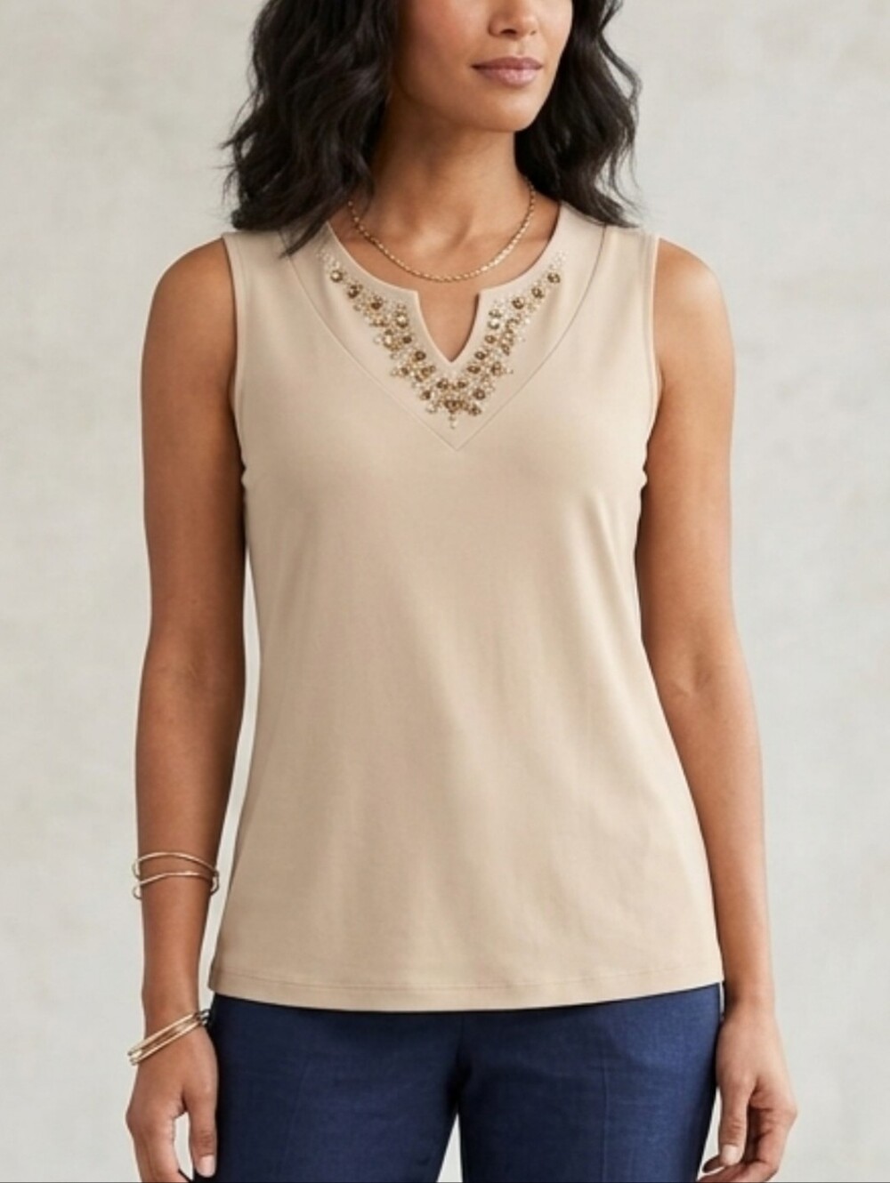 Susan Graver Sleeveless Beaded V-Neck Shell Blouse Top Tank Beige